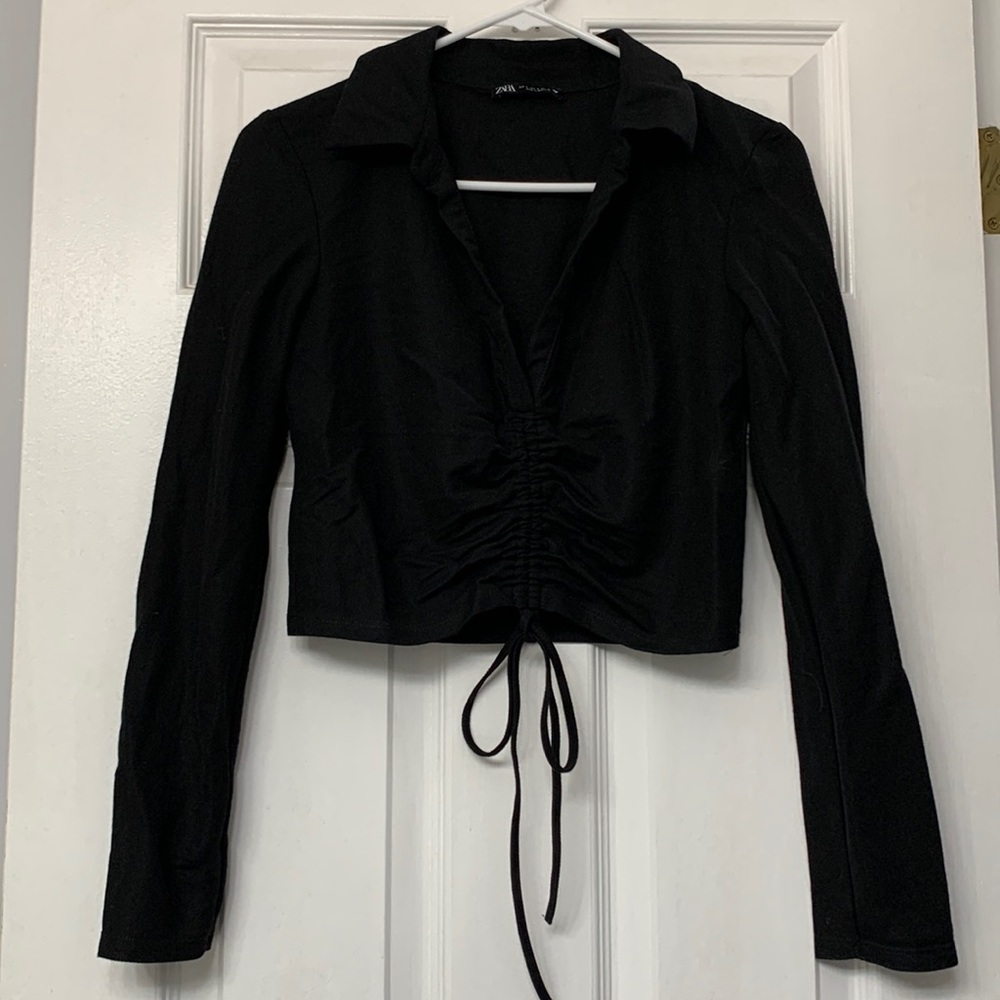 Zara Black Collared Ruched Blouse